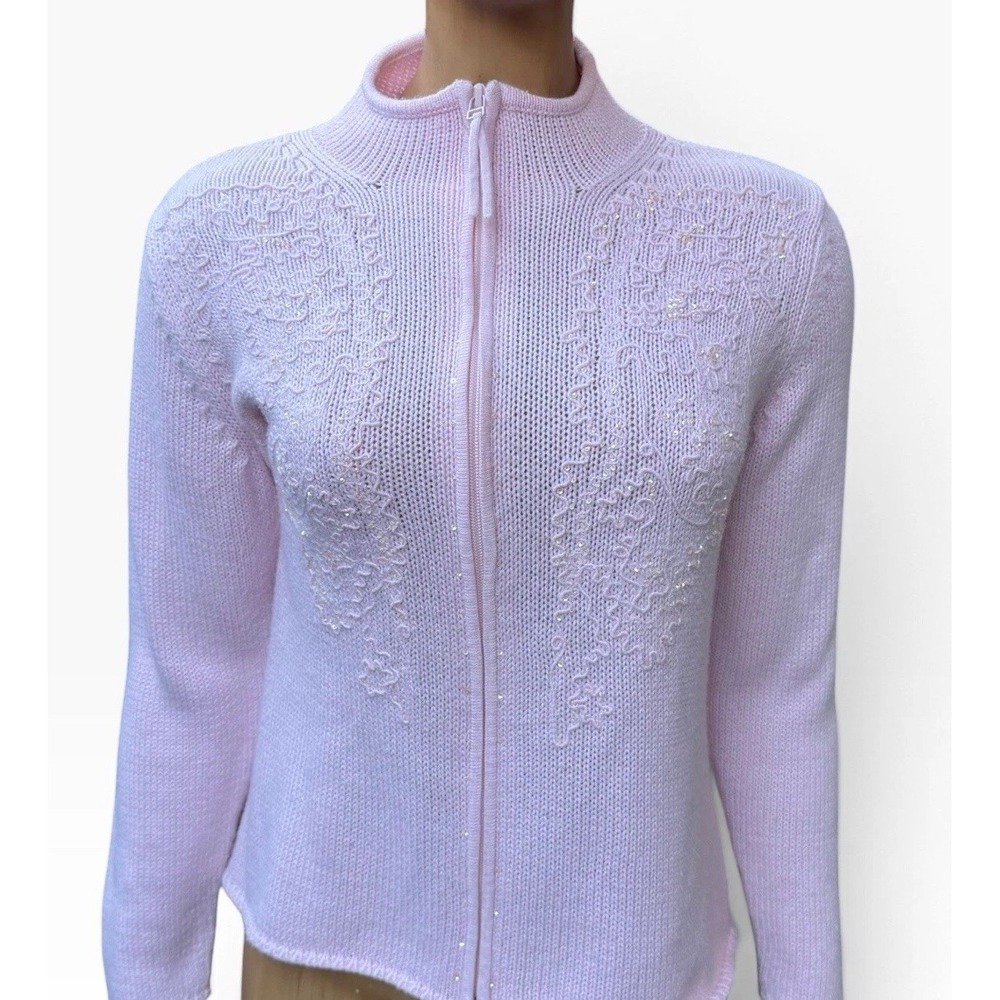 Vintage Tabi Pink  Zip Knit Cardigan Sequins Embroidery Coquette Mock Neck M